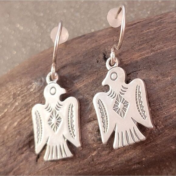Sterling Navajo Thunderbird Dangle Drop Earrings - Picture 3 of 6